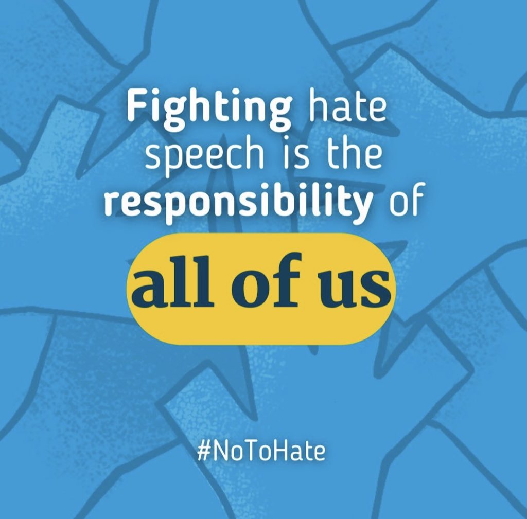 Say #NoToHate: ➡️ Avoid contributing to hateful content and make your social feeds a no-hate zone. ➡️ Speak out against hate whenever it's safe to do so. ➡️ Tackle hate by sharing messages of tolerance & equality. ➡️ Take a public stand and support those targeted by hate speech.