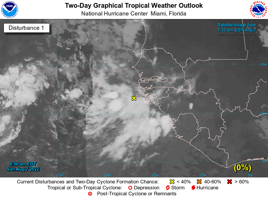 NHC_Atlantic's tweet photo. 8am EDT Aug 7: A tropical wave has moved off the African west coast. Environmental conditions are generally conducive for gradual development, &amp; this system has a medium chance (40%🟠) for tropical cyclone development over the next 5 days.

Latest Outlook→https://t.co/m9946DGzPQ https://t.co/i8sgyPYi6y