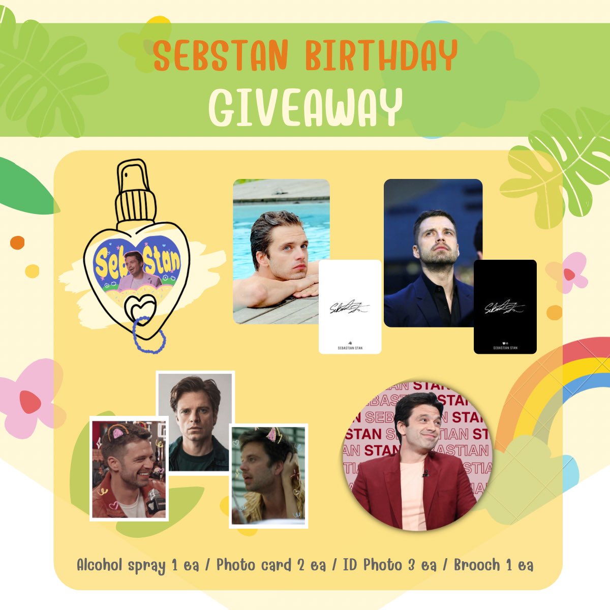 B_Buchanxn's tweet photo. ✨🌈☁️  GIVE AWAY RAINBOW SEBSTAN BIRTHDAY ☁️🌈✨
by @.B_Buchanxn

💫 8 SETS 💫

💗 Alcohol spray 1 ea
💗 Photo card 2 ea
💗 ID Photo 3 ea
💗 Brooch 1 ea

📌 Form : 13/08/2022 🕘: 21:00
💌 shipping fee : 45.-

#HappyBirthDaySebastianStan https://t.co/UZL7fXzTQj