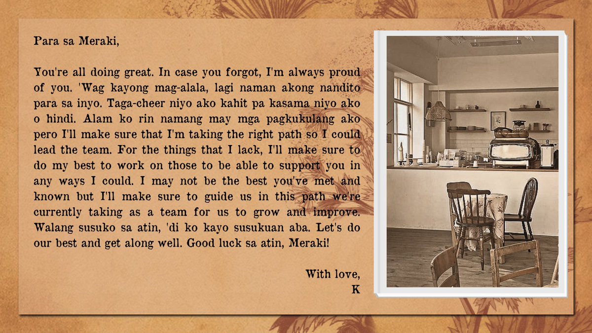 ⠀⠀

⠀⠀⠀( ✉️ ) liham para sa iyo, <a href="/MERAKlCAFE/">μεράκι. SARADO!</a>!
⠀⠀⠀⠀⠀⠀   ✑ mula kay k.

⠀⠀