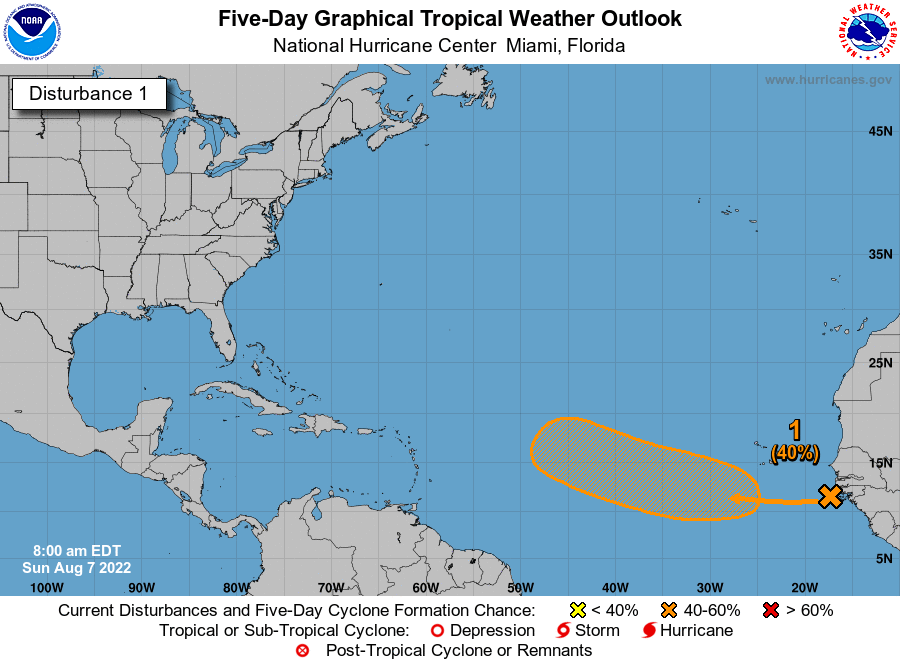 8am EDT Aug 7: A tropical wave has moved off the African west coast. Environmental conditions are generally conducive for gradual development, & this system has a medium chance (40%🟠) for tropical cyclone development over the next 5 days. Latest Outlook→nhc.noaa.gov/gtwo.php?basin…