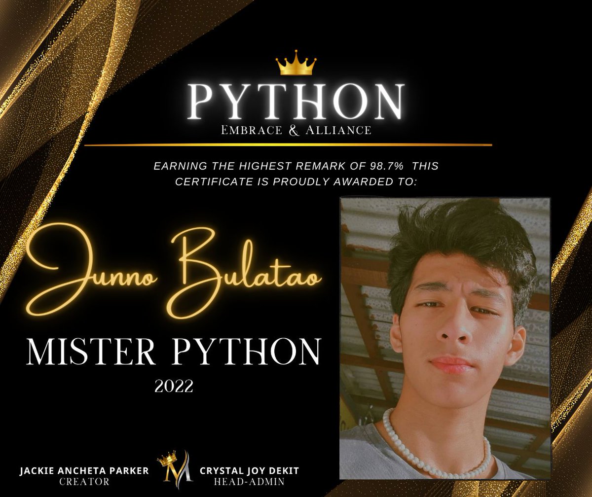Offcl_Python's tweet photo. ๐๐ฌ๐ญ ๐๐ซ๐๐ง๐ ๐๐จ๐ซ๐จ๐ง๐๐ญ๐ข๐จ๐ง ๐๐ข๐ ๐ก๐ญ ๐๐๐๐
MR. AND MS. PYTHON 2022 TITLE HOLDER
@J_ballerz
@litolgurll
CONGRATULATIONS CANDIDATES!!
#MrandMsPython2022
#3rdPython https://t.co/EuALxRHgZY