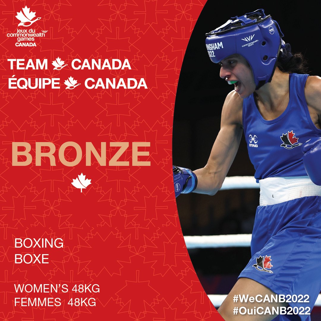 🥉 #TEAMCANADA BRONZE 🥉 Canadian boxer, Priyanka Dhillon, is stepping onto the podium today to collect the bronze medal she won in the women’s 48kg event. 📸: Getty Images / Eddie Keogh #WeCANB2022 | #B2022 | @boxing_canada