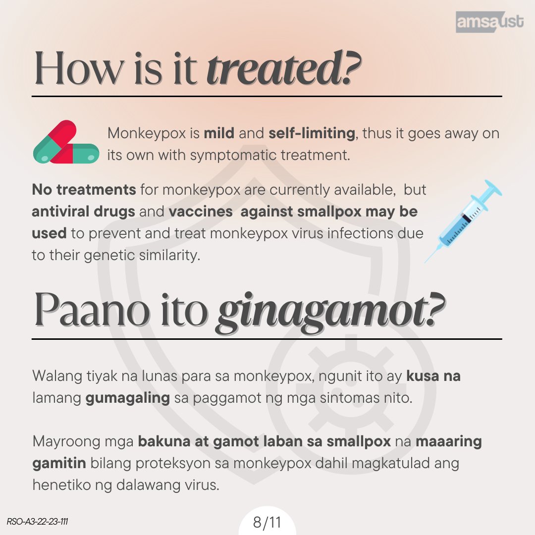 amsaustofficial's tweet photo. 2/3

Transmission (human-to-human)// Prevention // Treatment // Should you be worried?

#AMSAUST
#AMSAUSTSCOPH
#SCOPH
#Monkeypox https://t.co/RXAiyH7c36
