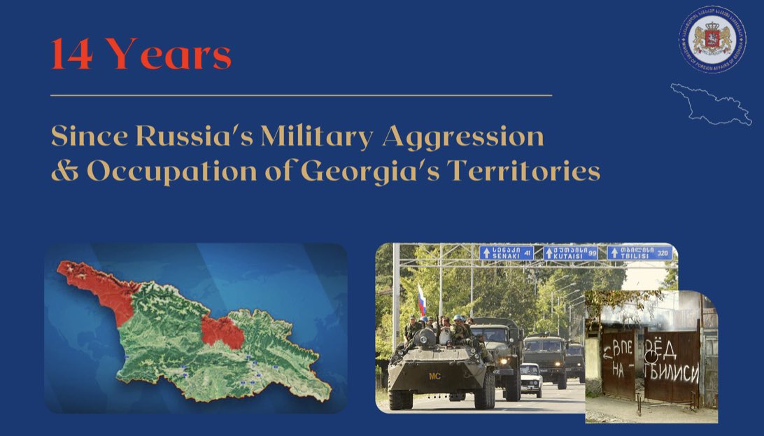 AmbVatoM's tweet photo. #OTD in 2008, #Russia launched full-scale military aggression in #Georgia.
1️⃣4️⃣years after 🇷🇺has not fulfilled #CeasefireAgreement &continues illegal occupation of 🇬🇪regions - #Abkhazia & #TskhinvaliRegion/South Ossetia.
We value 🇪🇺's firm support 2🇬🇪.
#Aug2008War
#RusGeoConflict https://t.co/tbLNaX1lmQ