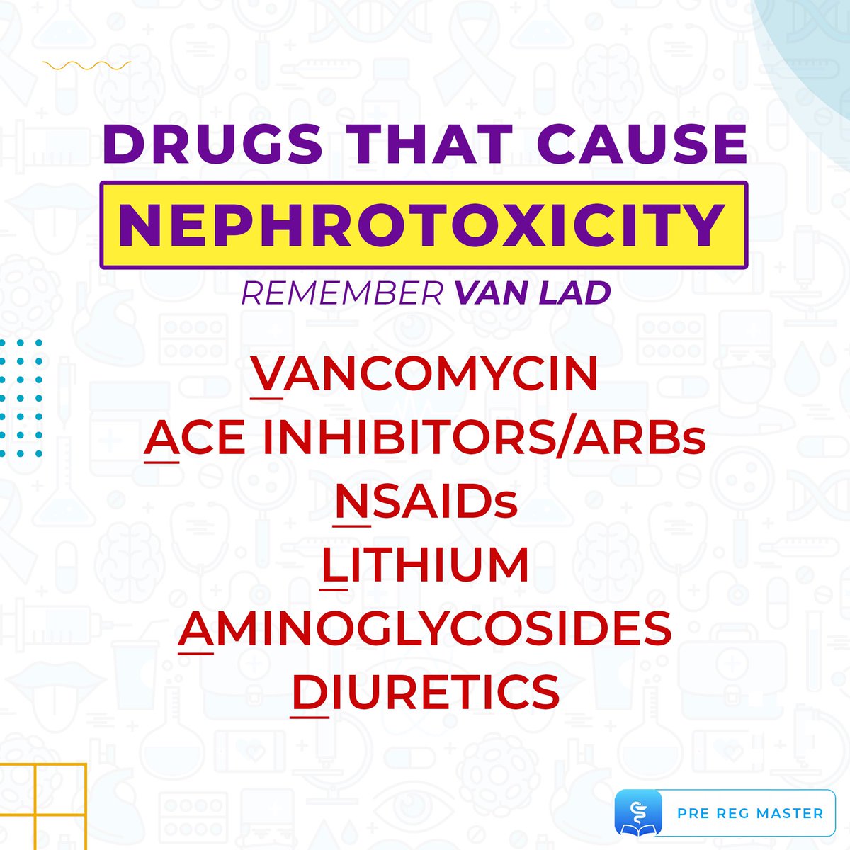 PreRegMaster's tweet photo. Common drugs that cause nephrotoxicity!
Note: this list is not exhaustive
#pharmacy #pharmacist #traineepharmacist #preregpharmacist #doctor #medicine #pharmacyschool #nursing #university #mpharm #kidneys #nephrotoxic #drugs #medication #preregmaster https://t.co/ptcVbQfHe8