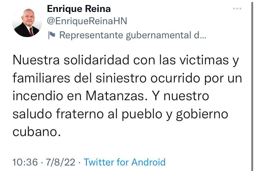 Gracias Canciller por gesto de solidaridad. @SoberonGuzman @DeZurdaTeam_  @EnriqueReinaHN  #FuerzaMatanzas #FuerzaCuba #CubaNoEstaSola #VacunaCubana