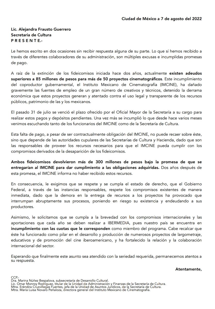 A raíz de la extinción de los #Fideicomisos; @alefrausto prometió que las películas comprometidas con #FIDECINE y #FOPROCINE, no se verían afectadas. HOY más de 50 producciones se han detenido o perjudicado por falta de pago. #CumplanSuPalabra