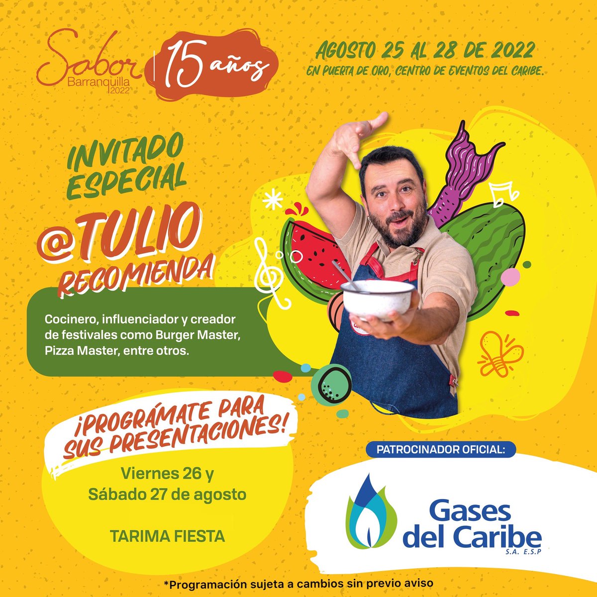 sabor_bquilla's tweet photo. ¡El Sabor de Tulio llega a la celebración de nuestros 15 años! 👏🏽

Este año #HayFiestaEnLaCocina con nuestos invitados especiales, le damos la bienvenida a Tulio; Cocinero, influenciador y creador de festivales como Burger Master, Pizza Master, entre otros. 🍽🧑🏽‍🍳📹 https://t.co/wnWAvMFs29