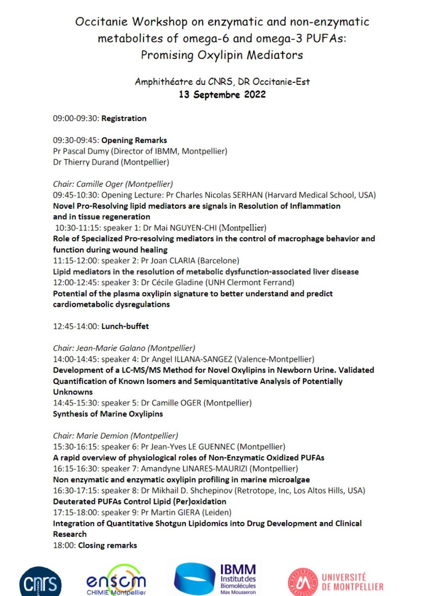 The "synthèse de Lipides Bioactifs" laboratory is inviting you to a workshop in Montpellier the 13th of September 2022 to celebrate enzymatic and non-enzymatic metabolites of PUFAs in honor of  Pr Charles Nicolas SERHAN (Harvard Medical School, USA), <a href="/CNSerhanLab/">The CETRI</a>
