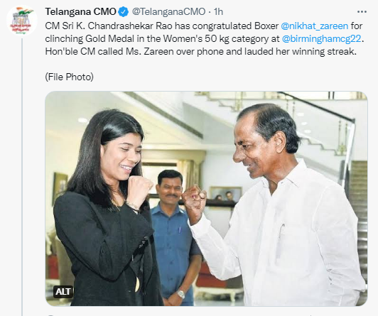 ians_india's tweet photo. #Telangana Chief Minister #KChandrasekharRao congratulated boxer #NikhatZareen for clinching a gold medal in the #Barmingham #CommonwealthGames.

@nikhat_zareen @TelanganaCMO https://t.co/rdByKkJOZP