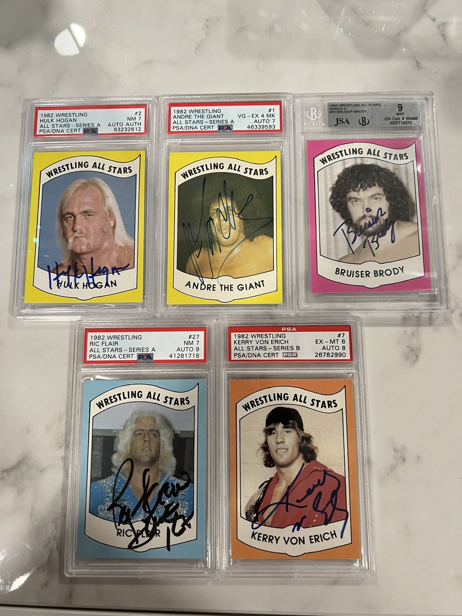 My Fab 5 of the 1982 Wrestling All Star Auto cards #1982wrestlingallstars #wrestlingcards #thehobby #andrethegiant #hulkhogan #bruiserbrody #ricflair #RicFlairsLastMatch #KerryVonErich