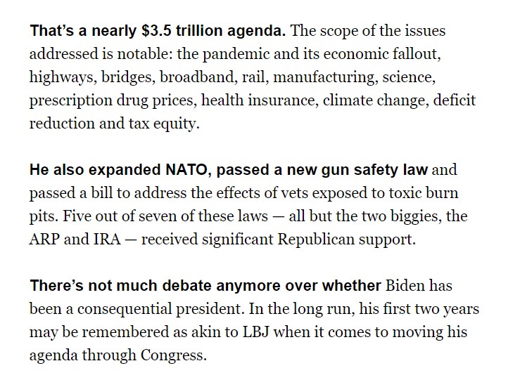ChrisLu44's tweet image. From @playbookdc: "Passage of the Inflation Reduction Act will make Biden one of the most legislatively successful presidents of the modern era....In the long run, his first two years may be remembered as akin to LBJ when it comes to moving his agenda through Congress."
