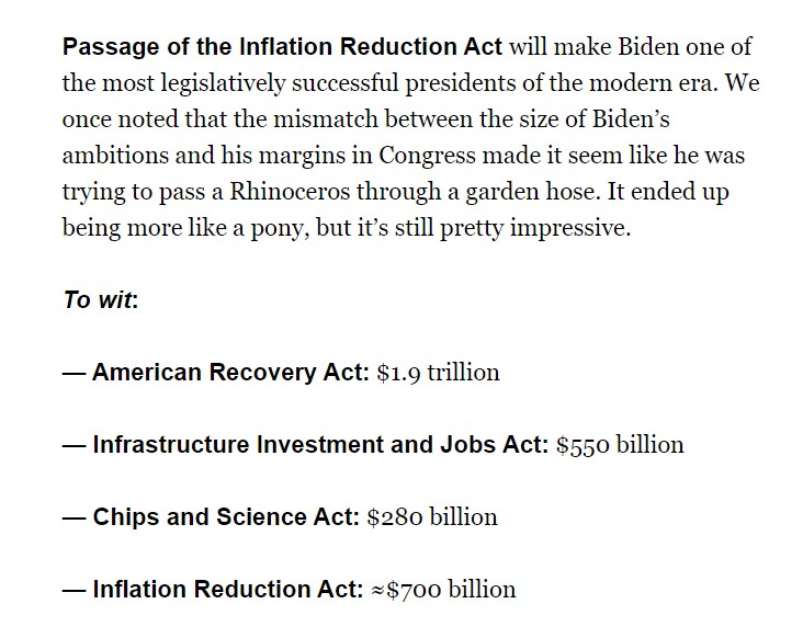 ChrisLu44's tweet image. From @playbookdc: "Passage of the Inflation Reduction Act will make Biden one of the most legislatively successful presidents of the modern era....In the long run, his first two years may be remembered as akin to LBJ when it comes to moving his agenda through Congress."