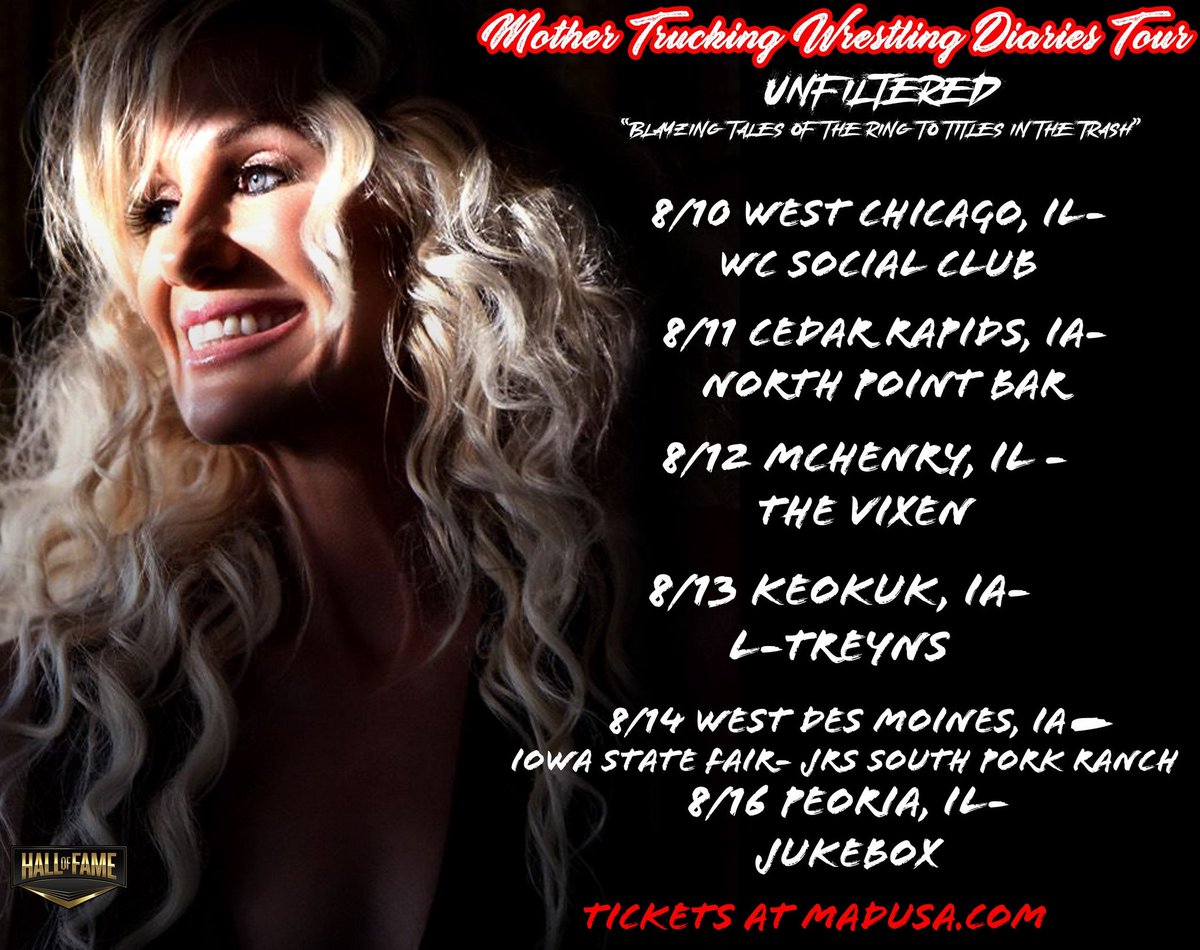 Madusa/AlundraBlayze (@madusa_rocks) on Twitter photo Heyyy <a href="/WHORadio/">NEWSRADIO 1040 WHO</a> did you know I'll be on tour in #Iowa next week? Storytelling from a #WWE #HOF and 2x <a href="/MonsterJam/">Monster Jam</a> Champion with meet/greet and Q&A
Madusa.com
<a href="/IowaStateFair/">Iowa State Fair</a> <a href="/JRsSouthPork/">J.R.’s Southpork Ranch</a> #northpointbar #ltreyns Heyyy <a href="/WHORadio/">NEWSRADIO 1040 WHO</a> did you know I'll be on tour in #Iowa next week? Storytelling from a #WWE #HOF and 2x <a href="/MonsterJam/">Monster Jam</a> Champion with meet/greet and Q&A
Madusa.com
<a href="/IowaStateFair/">Iowa State Fair</a> <a href="/JRsSouthPork/">J.R.’s Southpork Ranch</a> #northpointbar #ltreyns