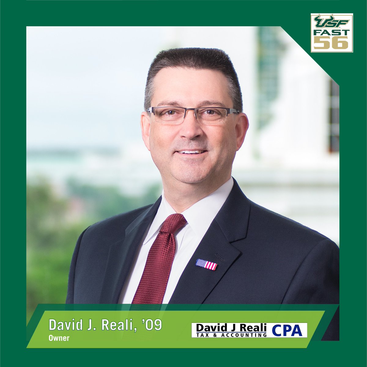 USFalumniAssn's tweet photo. #Fast56Countdown Congrats to David J Reali CPA on being named a 2022 #USFFast56 Award recipient. They offer client accounting, advising and more! Join us Sept. 9 to celebrate the world's fastest growing Bull-led businesses at the #USFFast56Awards. 
➡️ https://t.co/RtAXgVVcm4 https://t.co/v8wn8lG18k
