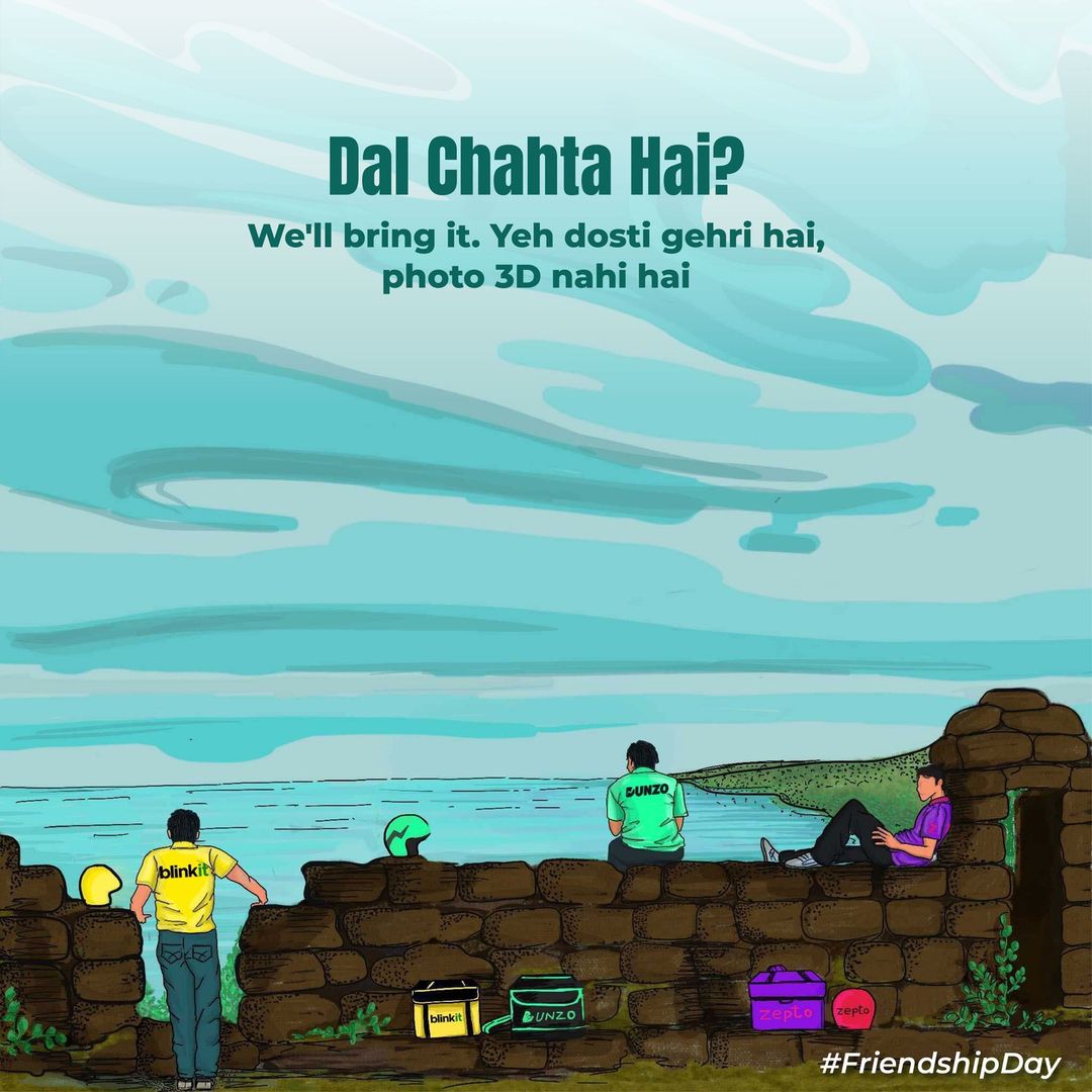 vedika_warghade's tweet photo. What a great creative team of @DunzoIt, loved the concept of reminding consumers that they are all in together by swallowing their own pride and uplifting their competitors @Swiggy, @letsblinkit and @ZeptoNow on social media posts.
Plus adding a Bollywood touch was the best Idea. https://t.co/M7ayRkv4F2
