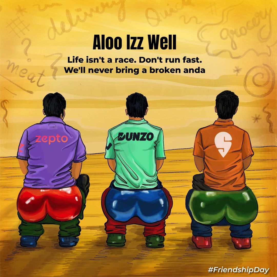 vedika_warghade's tweet photo. What a great creative team of @DunzoIt, loved the concept of reminding consumers that they are all in together by swallowing their own pride and uplifting their competitors @Swiggy, @letsblinkit and @ZeptoNow on social media posts.
Plus adding a Bollywood touch was the best Idea. https://t.co/M7ayRkv4F2