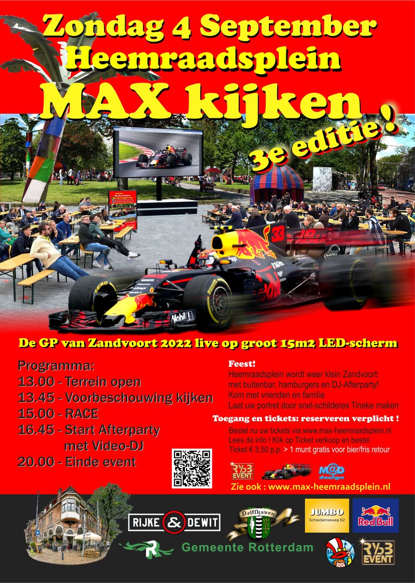 Goed <a href="/gemeenteraad010/">gemeenteraad van Rotterdam</a> overleggen met organisatoren en dank @mabrahamse Gelukkig gaat mijn #event wel door: Zo. 4 sept. 3e editie Heemraadsplein MAX kijken #LIVE GP Zandvoort. Reserveren verplicht: tickets 3,50 p.p. via max-heemraadsplein.nl Lees eerst de info #MaxVerstappen