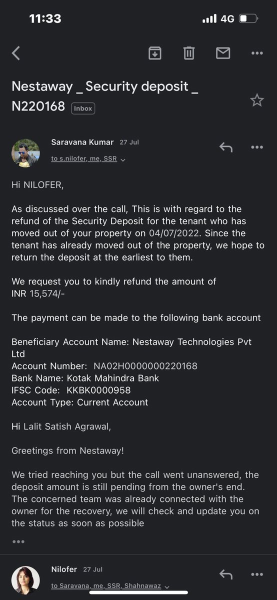 LalitAgr08's tweet photo. Actually 8 days after I return the keys, now it’s already been more than a month and I have not received Any refund, and after taking multiple follow ups your agents are not replying to me. https://t.co/reomsfXSu4