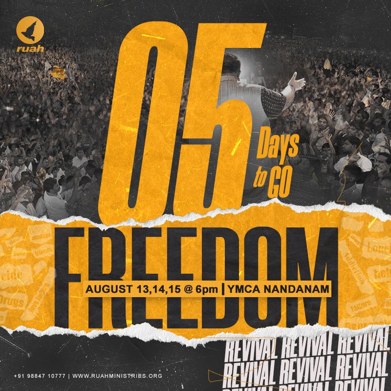 alwinthomas's tweet photo. 5 DAYS TO GO!!
Join us for the FREEDOM CHENNAI 2022 -
13, 14, 15 AUG 2022 @ YMCA NANDANAM
For more details kindly contact:+91 9884710777
#freedom2022 #chennai #alwinthomas #ruahrevivalcenter #cheriemitchelle #stellaramola #danieldavidson #bennyvishuvaasam https://t.co/sG65rTiy3P