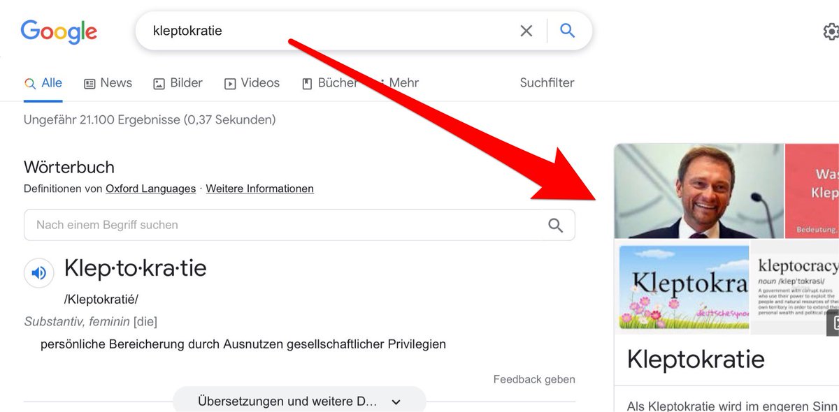 shengfui's tweet photo. Oh, das kannte ich noch nicht: Gibt man bei Google „Kleptokratie“ ein (Herrschaft der Plünderer, Diebesherrschaft), erscheint das Bild von Christian #Lindner. https://t.co/21x0r9egr3