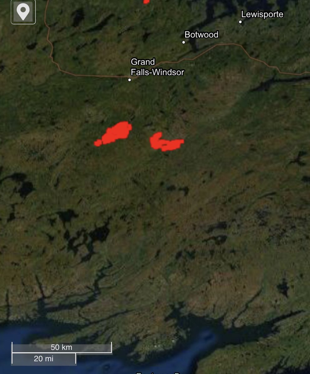 Here are a couple maps to show you where the fires are in Central NL. Lighter map is from the Canadian Wildland Fire Information System cwfis.cfs.nrcan.gc.ca/interactive-ma…
Darker map is from satellite imagery from NASA firms.modaps.eosdis.nasa.gov/map/#d:2022-08… #NLfire
