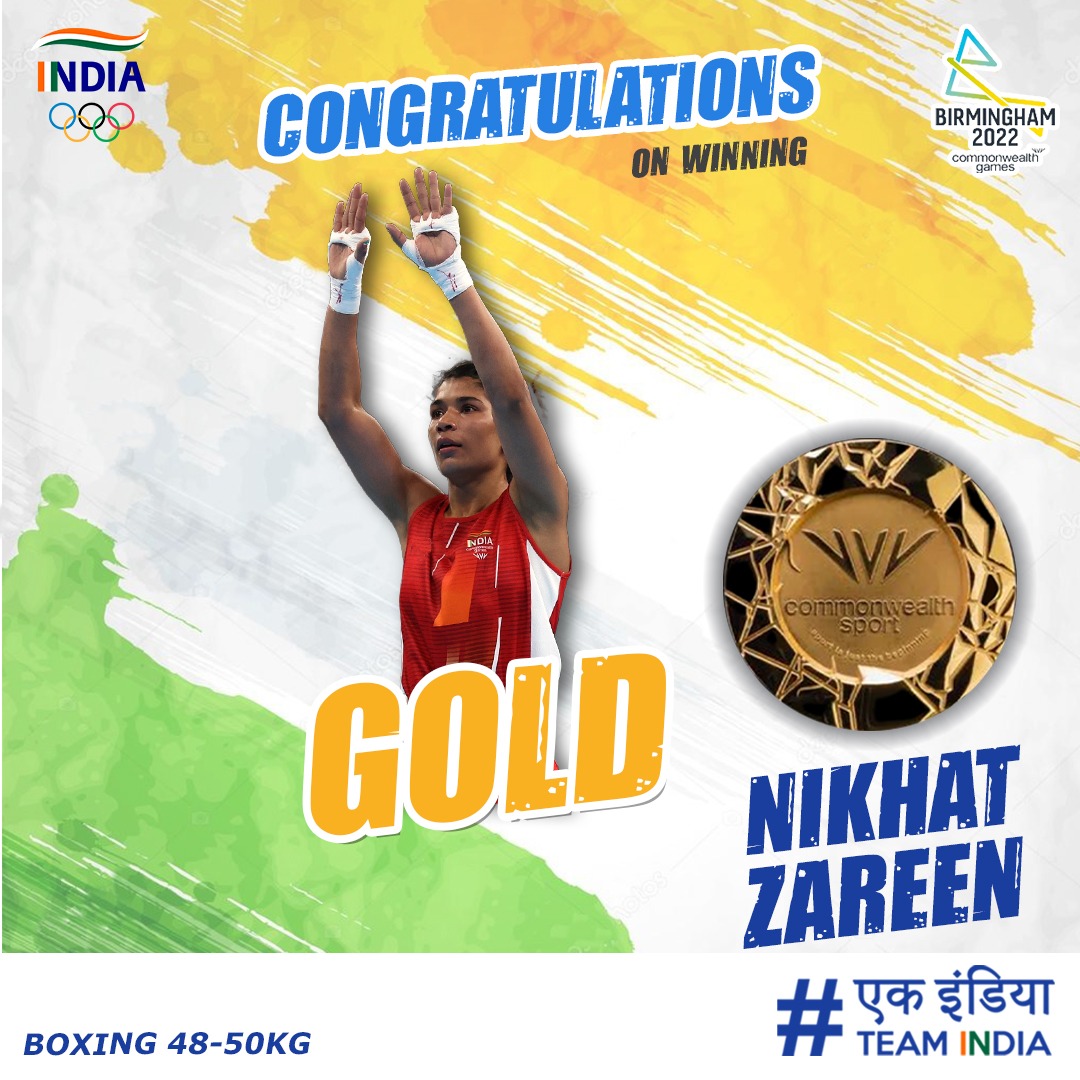 WeAreTeamIndia's tweet photo. 🥊 her way to glory! 

@nikhat_zareen does it in style with a 🥇 medal in the Women’s Boxing Light Flyweight category @birminghamcg22  
#EkIndiaTeamIndia #B2022 https://t.co/el8ZWwHhNK