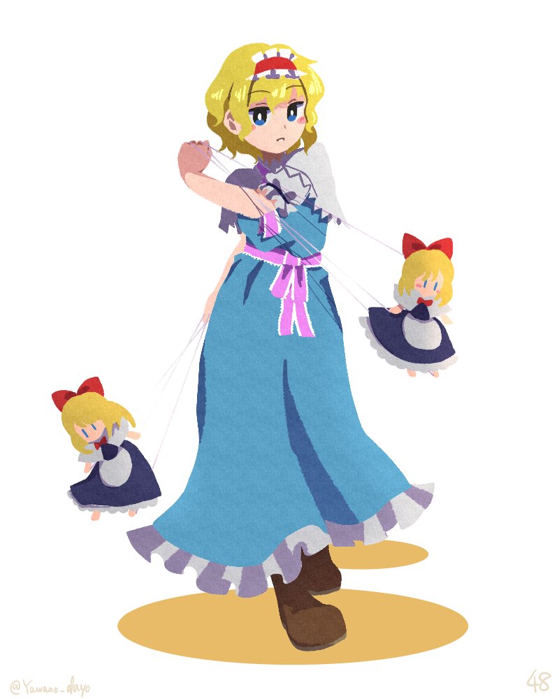 alice margatroid ,shanghai doll blonde hair dress blue eyes blue dress short hair brown footwear hairband  illustration images