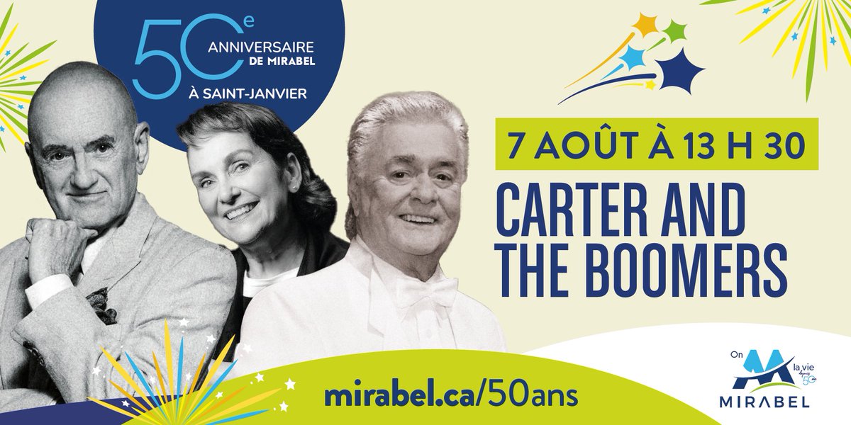🥳[Jour 4/4]🥳
Les festivités du 50e se poursuivent aujourd’hui avec Arthur l’Aventurier, Carter and The Boomers, Joël Denis, Gilles Girard, Christine Chartrand, Jean Paray et bien plus. 

Pour la programmation complète, visitez le mirabel.ca/50ans. 

Bon 50e !