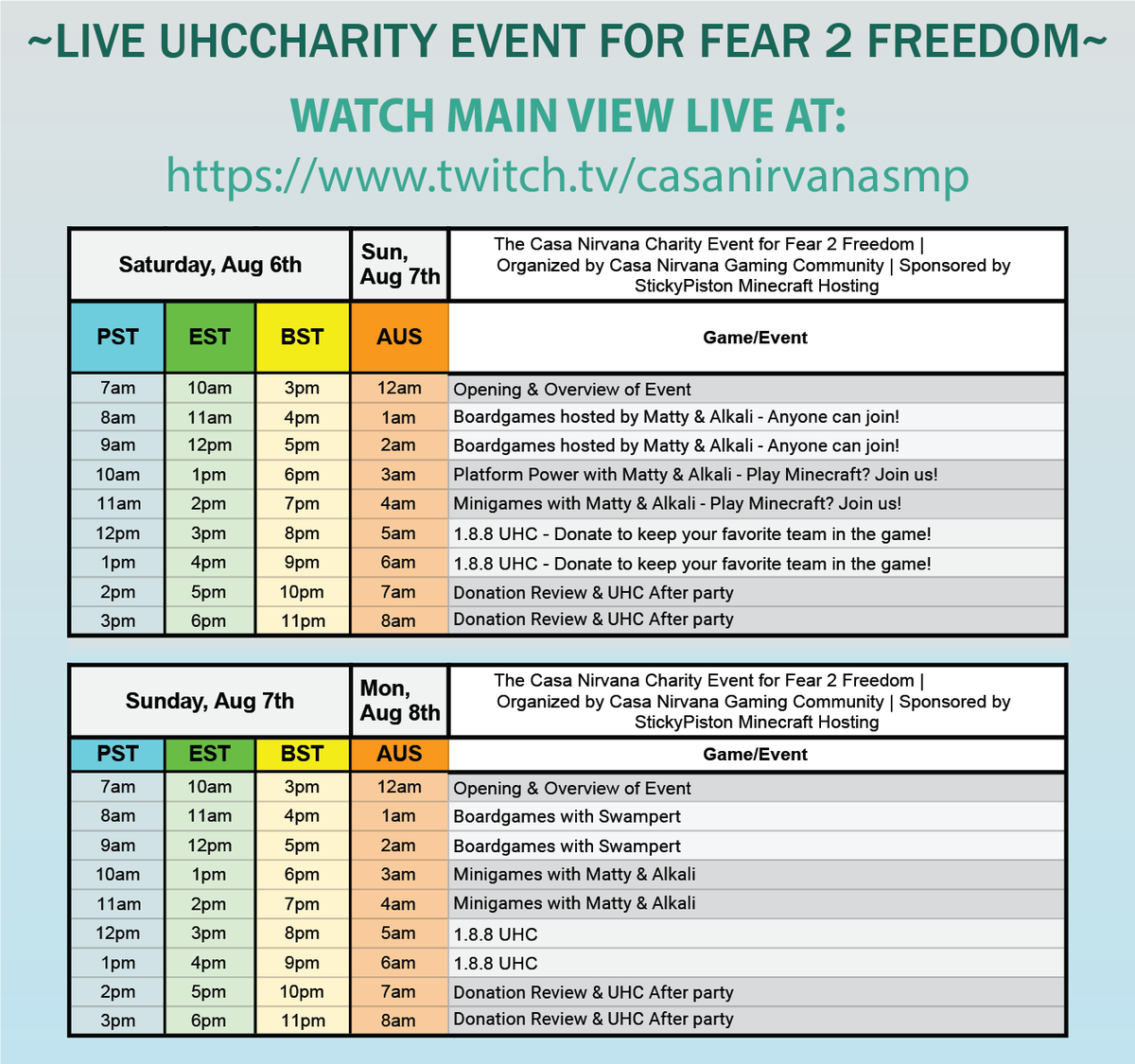 We're 🔴LIVE!! Join in for the @Fear_2_Freedom #charity event PART 2!

twitch.tv/casanirvanasmp

We're playing board games &amp; minigames, come join us and join in: discord.gg/pShDfYMX

#bethechange