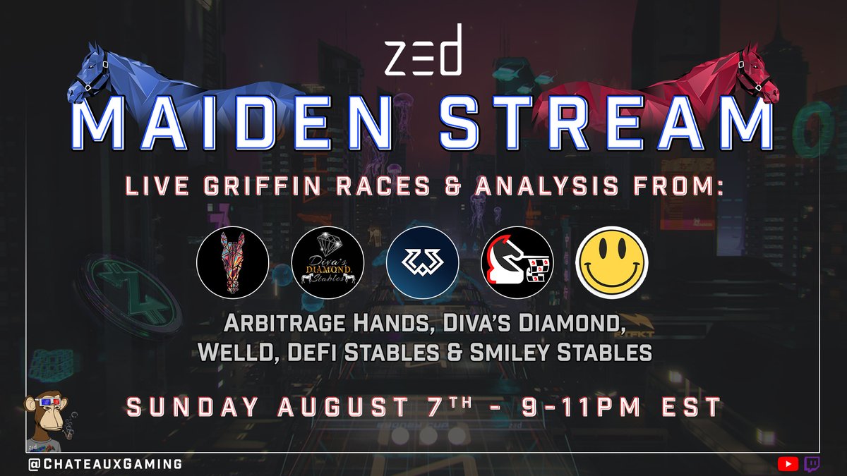 ZedChateaux's tweet image. TONIGHT! Bring out your G's and join us for two hours of @zed_run races and breeding analysis. I'll be giving away one unraced horse and I heard a rumor that a couple guests may be giving away horses too. Don't miss it!

9:00pm EST 
youtube.com/c/chateauxzed
twitch.tv/chateauxgaming