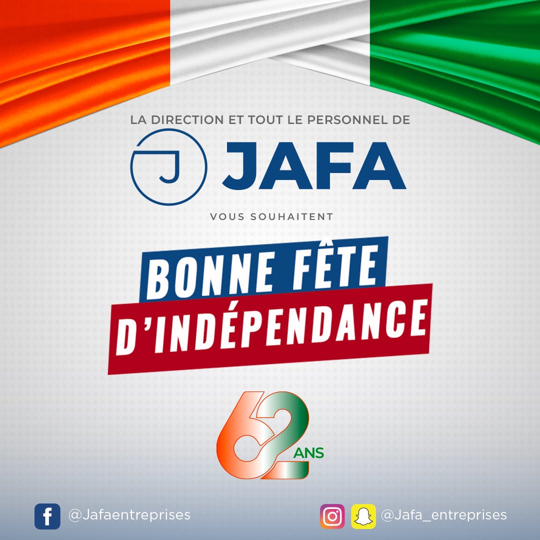 JafaEntreprises's tweet photo. 7 Août 1960 - 7 Août 2022 ! 62 ans de persévérance, de travail avec abnégation dans l’union et la discipline. Bonne fête d’indépendance à tous . 🧡🤍💚 #independenceday #ivorycoast #jafa #multiserservice https://t.co/5FuKau2hHk