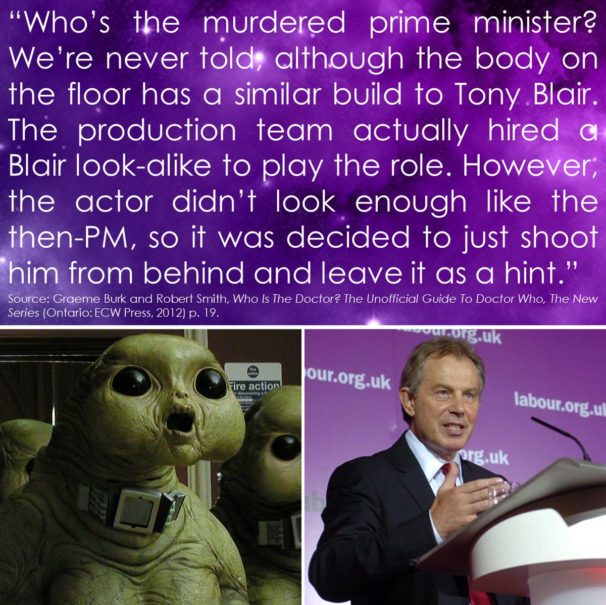 DW_Infostamp's tweet photo. A Tony Blair look-alike was hired to appear as the Prime Minister in Aliens of London (S01 E04), but it was felt he didn't look enough like Blair to appear fully. #DoctorWho https://t.co/uMwLqbl7Xh