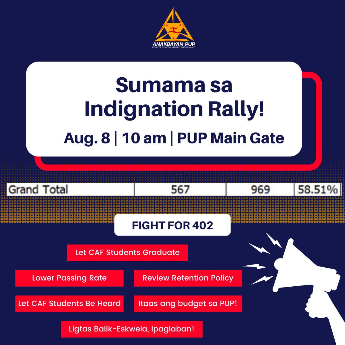 AnakbayanPUPCAF's tweet photo. SUMAMA SA INDIGNATION RALLY BUKAS!

August 8 | 10 AM | PUP Main Gate

Magsuot ng black at bitbitin ang nagkakaisa nating mga panawagan!

#FightFor402
#LetCAFStudentsGraduate
#LowerPassingRate
#LetCAFStudentsBeHeard https://t.co/PDOm9TxDN3