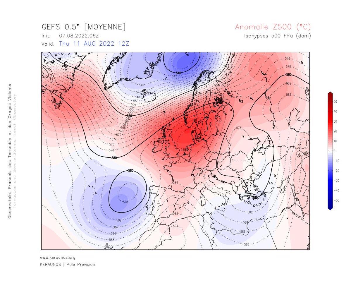 Un cas d'école de blocage en "oméga" est en vue pour la fin de semaine (hautes pressions en Mer du Nord encadrées par 2 zones dépressionnaires au SO et au SE) = configuration idéale pour générer une vague de chaleur en France. Temp. &gt; 35°C à prévoir sur la majeure partie du pays. 