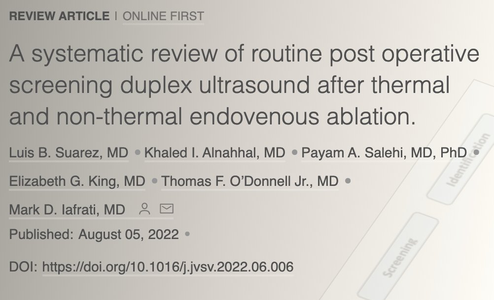 Our paper is finally out in <a href="/JVSVL/">JVS - Venous and Lymphatic Disorders</a>!! A systematic review of routine post operative screening duplex ultrasound after thermal and non-thermal endovenous ablation.
<a href="/luisbsuarez/">Luis Suarez MD, FACS</a> 
jvsvenous.org/article/S2213-…