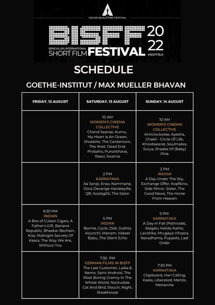 bisffblr's tweet photo. The schedule is out for #BISFF2022 !
See you at the movies!!
#BISFF #BISFFBLR #shorts #bengaluru #filmfestival #schedule #RegisterNow #karnatakacompetition #internationalcompetition #WCC #letsinclude #indiancompetition #suchitra #goethe https://t.co/ClnK1vhE6j