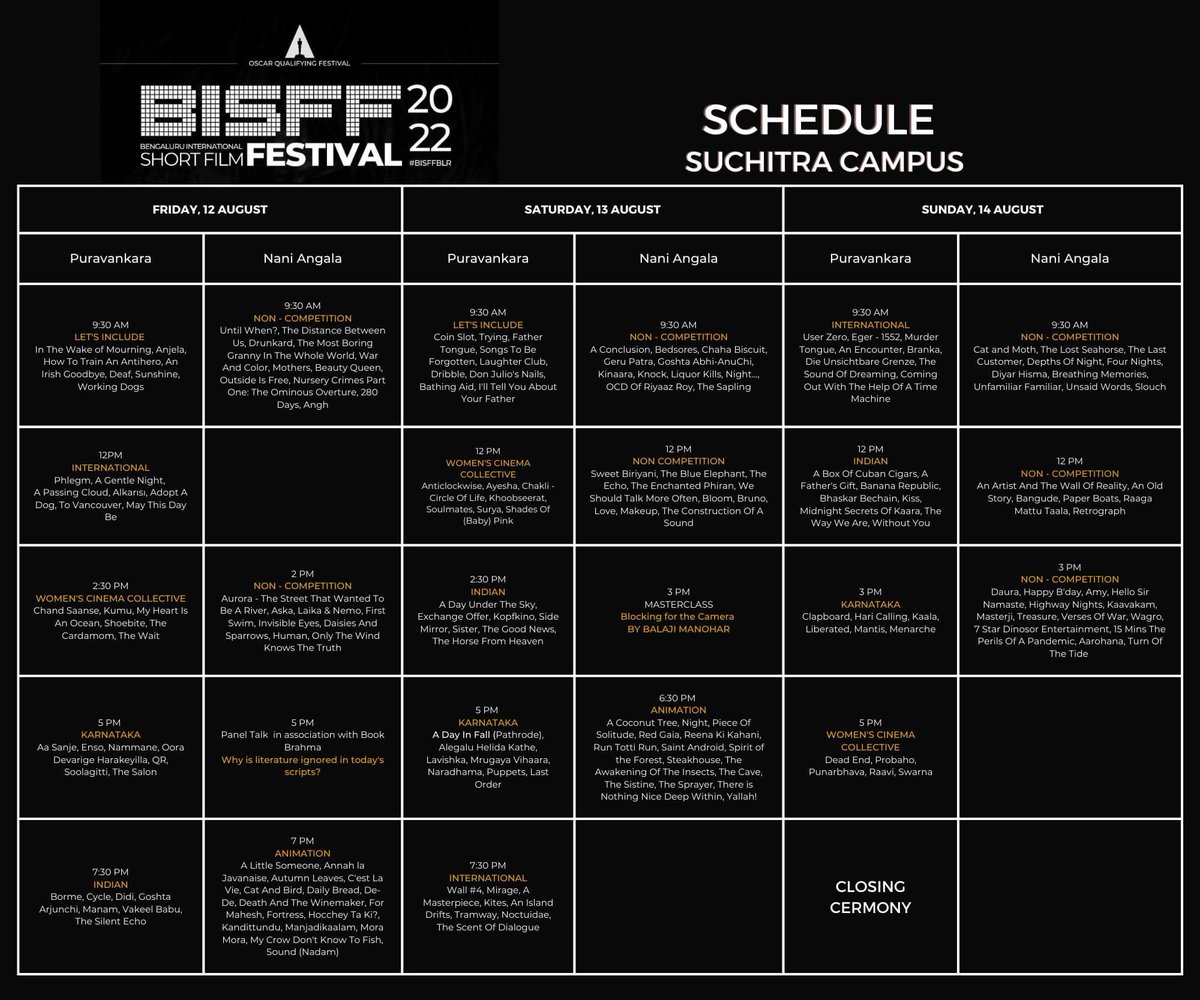 bisffblr's tweet photo. The schedule is out for #BISFF2022 !
See you at the movies!!
#BISFF #BISFFBLR #shorts #bengaluru #filmfestival #schedule #RegisterNow #karnatakacompetition #internationalcompetition #WCC #letsinclude #indiancompetition #suchitra #goethe https://t.co/ClnK1vhE6j