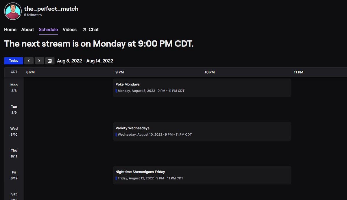 _Perfect_Match's tweet image. Just updated my Twitch Streaming Schedule!
Mon-Fri 9pm CST - 11pm CST
Mondays I'll be playing Pokemon
Wednesdays will be various games, right now it will probably be Turbo Golf Racing (my wife loves that game)
Fridays will be Game Night with Viewers!