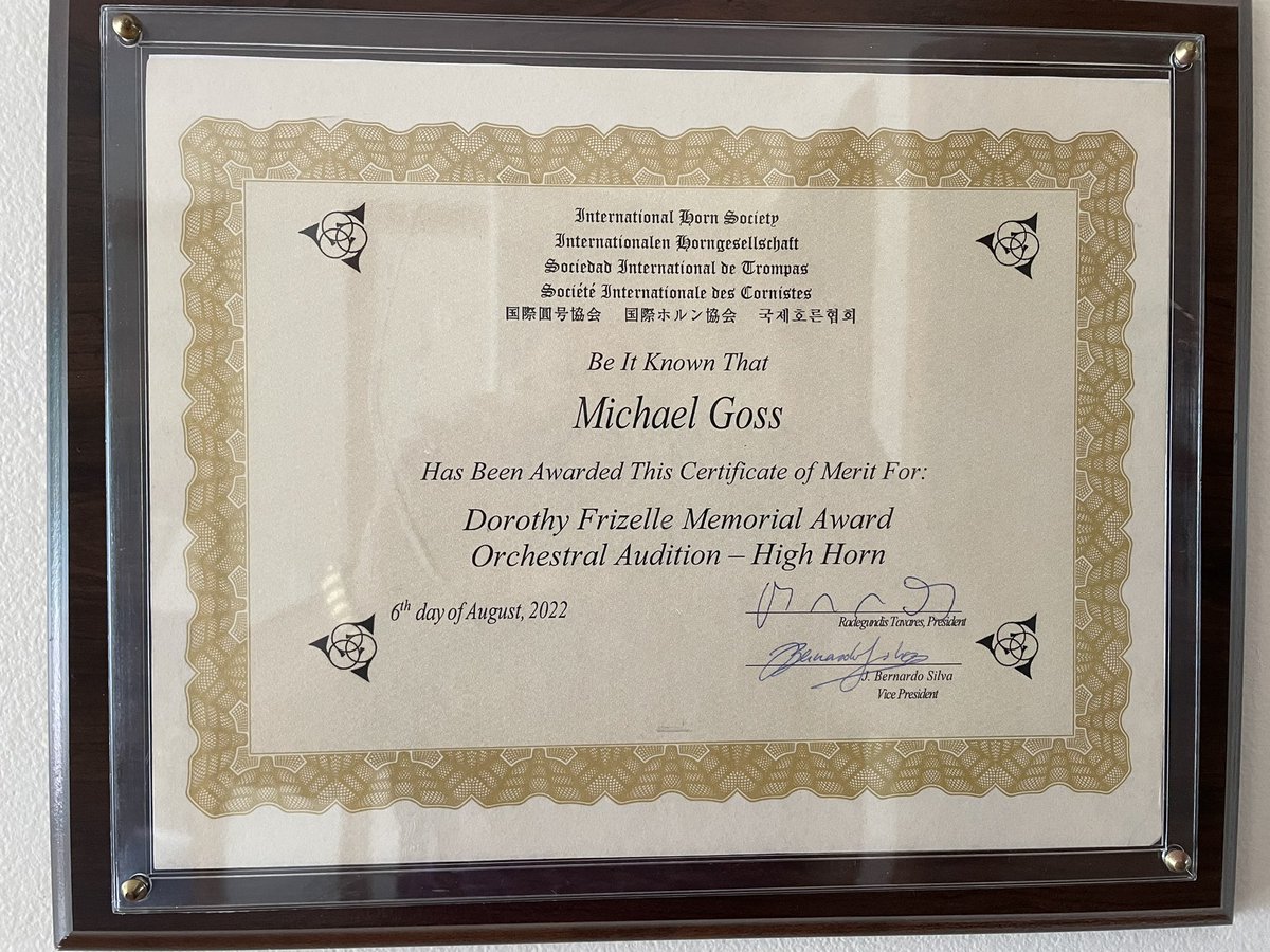 RichardBGoss's tweet photo. Proud to congratulate Michael Goss @gmoss764 on his recognition for outstanding high horn orchestral audition at #IHS54 #InternationalHornSociety symposium in Kingsville, TX! https://t.co/geuAZYtOIo