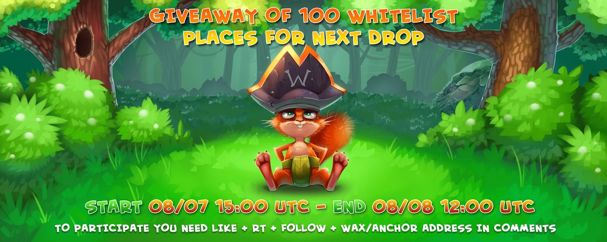 Hello, Twitter!

Participate in our giveaway of 100 whitelist places for our first free drop.

To participate:
1️⃣ RT;
2️⃣ LIKE;
3️⃣ FOLLOW;
4️⃣ Leave your WAX/Anchor Wallet address in the comments.

We wish you good luck!

#WAXP #NFTGiveaways #NFTdrop #P2E 
#WAX