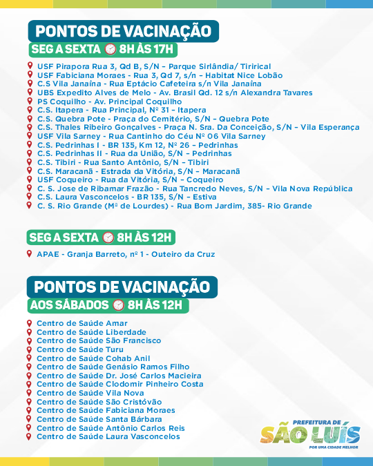 PrefeituraSL's tweet photo. 📌 São ➕ de 5️⃣0️⃣ unidades disponíveis para você manter seu esquema vacinal em dias. Basta apresentar documento oficial com foto e a carteira de vacinação. 😉
⚠️ Atenção aos horários e locais de funcionamento.
#PrefeituradeSãoLuís
#PorUmaCidadeMelhor
#Semus https://t.co/Gcom4HnTnx