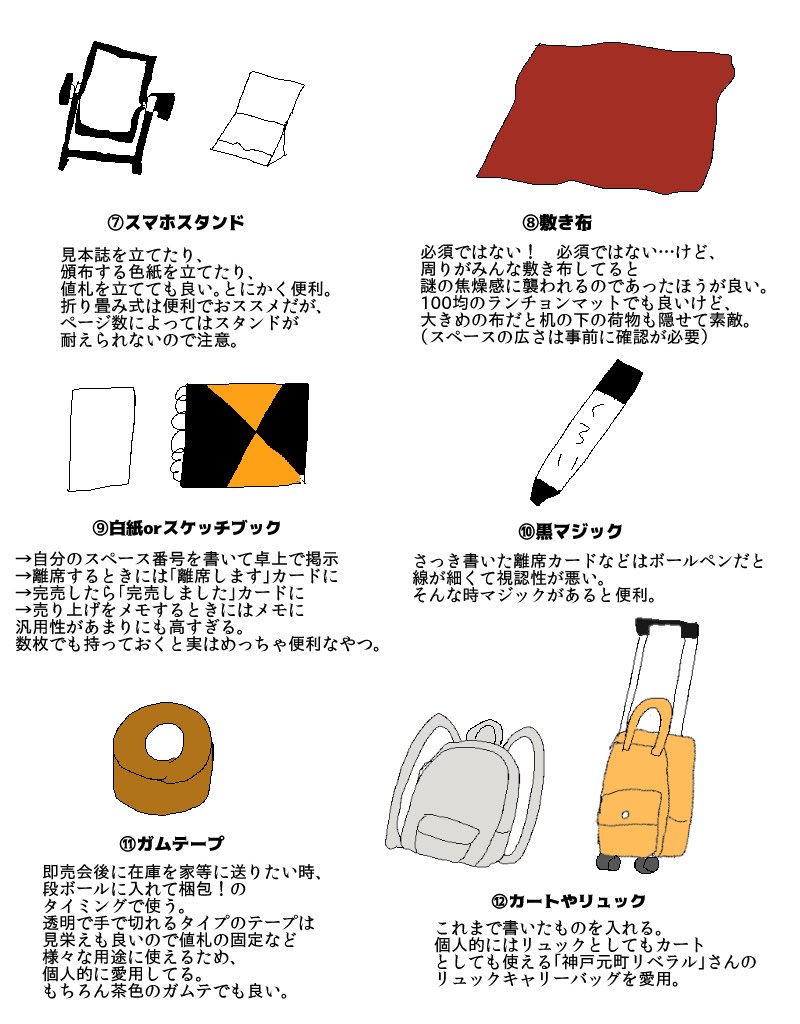 個人的に即売会のサークル参加で重宝したアイテムのリストです。
1、2枚目は必須級、3枚目は継続的にサークル参加するならあると良いかも? というものです。ご参考までに。