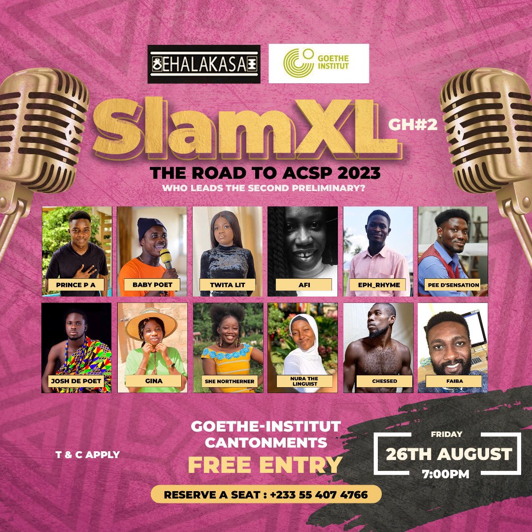 YYibor's tweet photo. Who wins the 2nd preliminary slam ?
Your guess is right! Join us at the Goethe institut on Friday 26th August. To be part of the live audience to cheer your favorite slammer up reserve a seat now! Contact 0554074766 
Don’t miss out! https://t.co/Wzk8a4bj5f