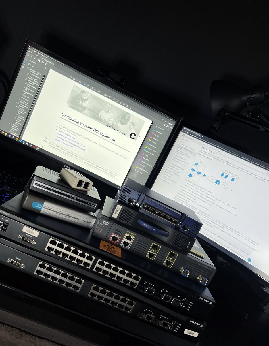 ciscodawe's tweet image. Az összes aktív eszköz rendelkezésre áll, ami szükséges egy szolgáltatói ADSL access laborhoz. A topológia összekábelezése és konfigurációja a következő lépés. 😀
#Network #Cisco #Ericsson #Dlink #ADSL #CCNA #CCNP #Lab #ServiceProvider #DSLAM #NetworkEngineer #Learn #Retro #Hobby