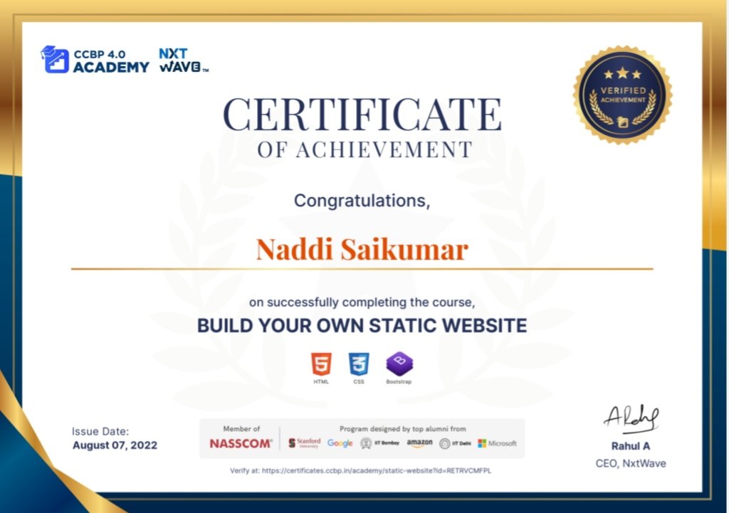 Saikumar_Naddi's tweet photo. Static website course completion certificate,
#nxtwave, #CCCBP , #STATICWEBSITE
, #HTML, #CSS, #BOOTSTRAP
https://t.co/sq3h55pMs2 https://t.co/HPgO9D7juR