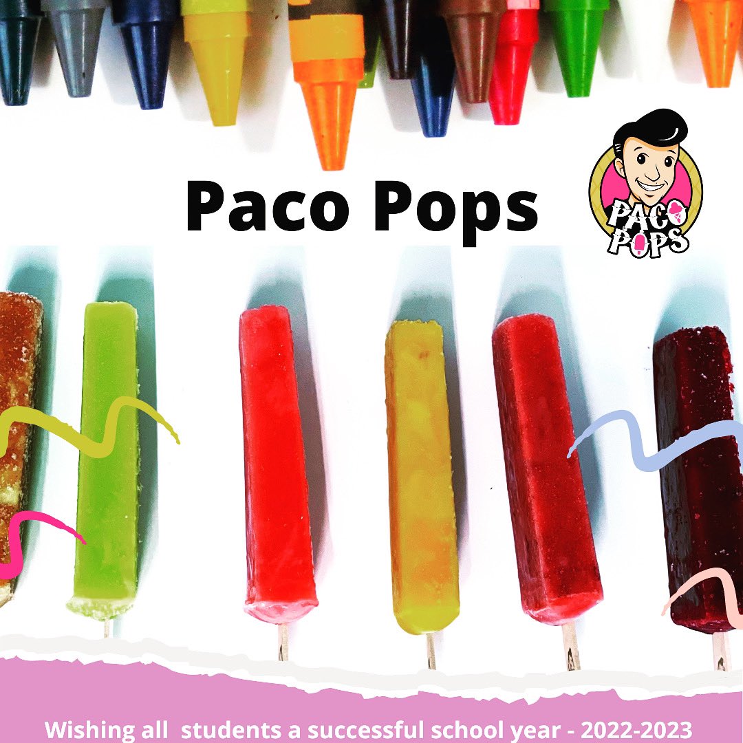 Pacopops1's tweet photo. #PacoPops wishes a safe and successful school year to all students this 2022-2023. Bring your family to @pacopops and enjoy a #backtoschooldessert with your favorite #popsicles #paletas #icecream ! 🤤 https://t.co/5UUxXIzwkf