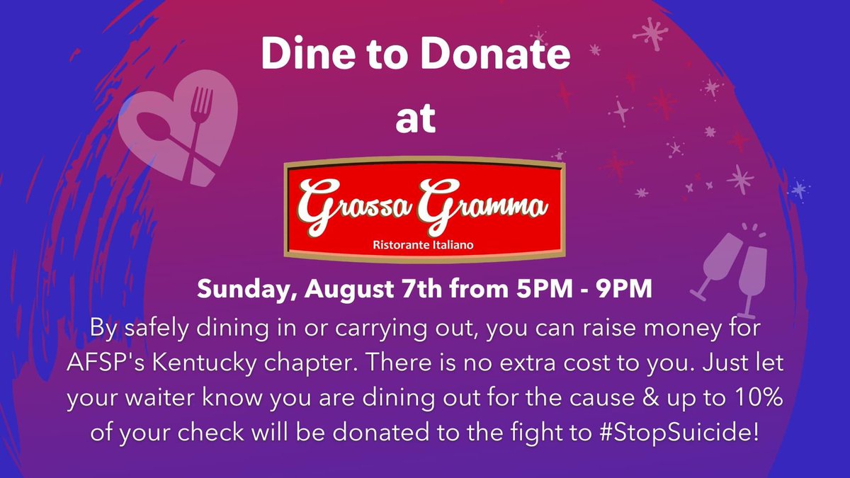 KentuckyAFSP's tweet photo. Day 7️⃣ and we’re asking you to attend at least 1 pre-event fundraiser for your local walk! We have an easy one tonight at Grassa Gramma where you just mention you’re supporting AFSP and a portion of your bill will be donated to the Louisville Out of the Darkness Walk! https://t.co/loG9pK7XIr