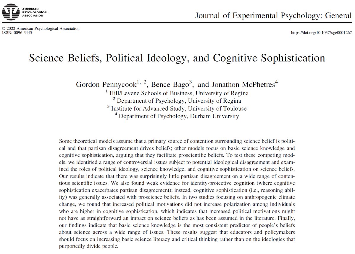 The main reason people reject science isn't political ideology. It's a lack of critical thinking.

Data: across the political spectrum, more sophisticated thinkers were generally more accurate in evaluating evidence.

Teaching reasoning skills is a key to depolarization.